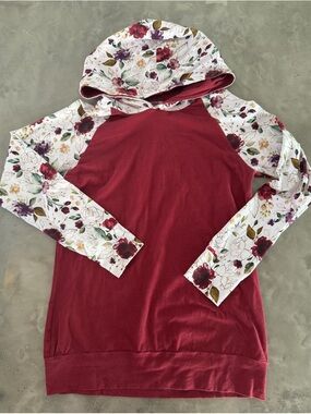 Women's Burgundy Hoodie with White Floral Raglan Sleeves